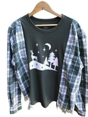 Upcycled Flannel Shirt, Reworked Oversized Pullover Sweatshirt Winter Scene M-L